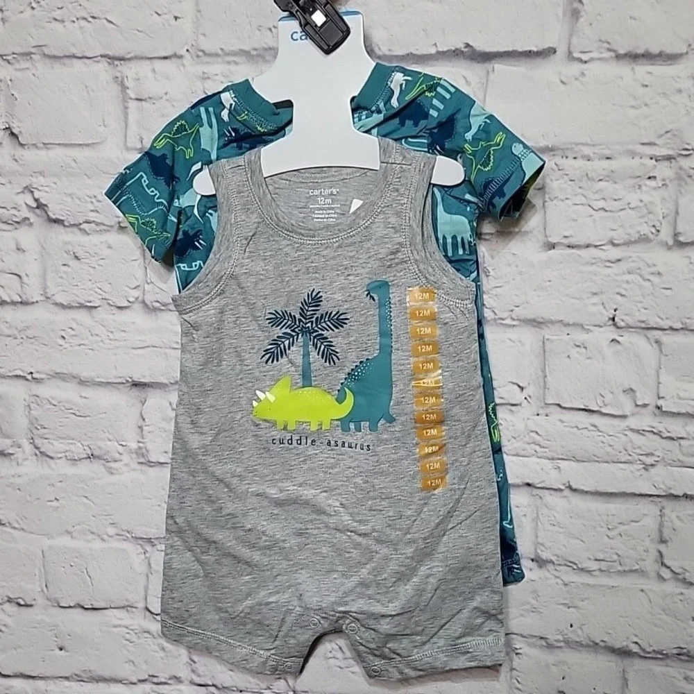 Carters Baby Boys 2-Pack Dinosaur Rompers Grey Teal 12M Snap Closeure NEW